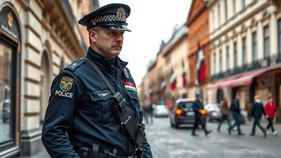 Készenléti rendőr a városban, rendőrségi egyenruhában, háttérben utcai forgalom.