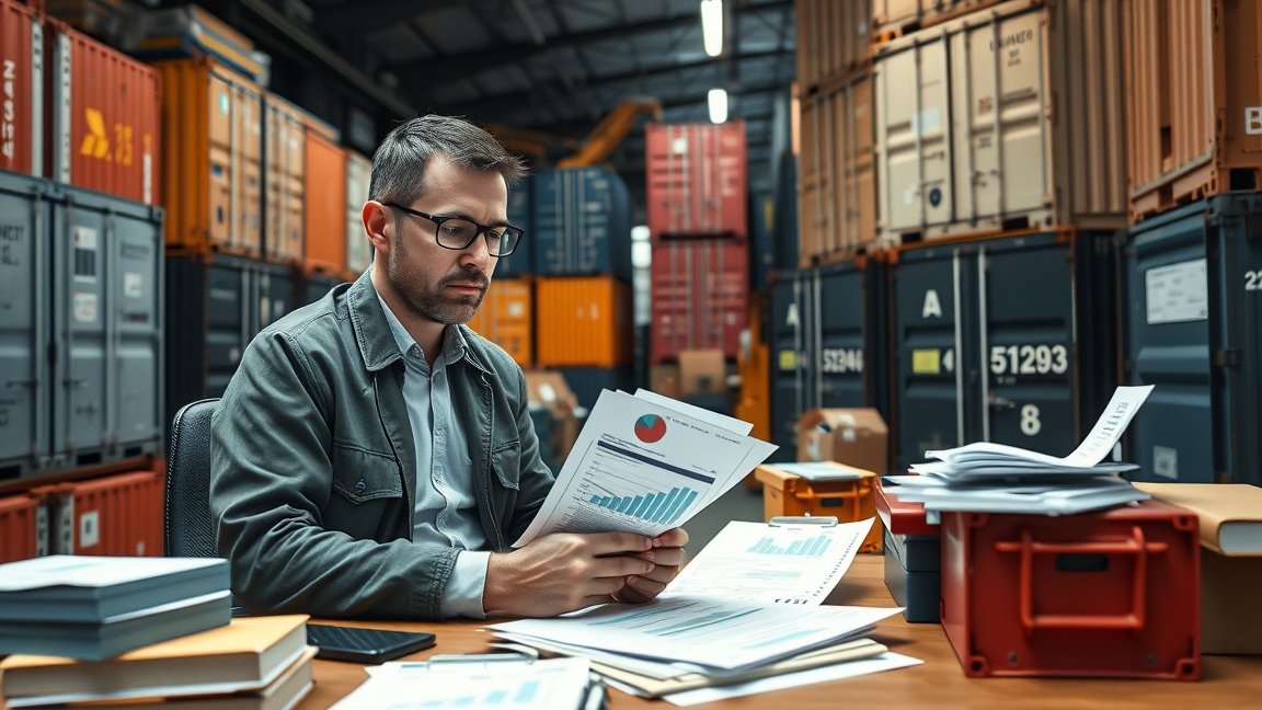 Logisztikai szakember dokumentumokat néz egy raktárban.
