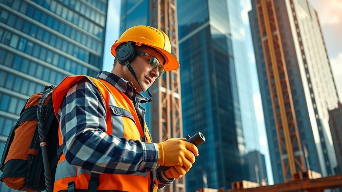 Magasépítő technikus építkezés közben, modern városi környezetben.