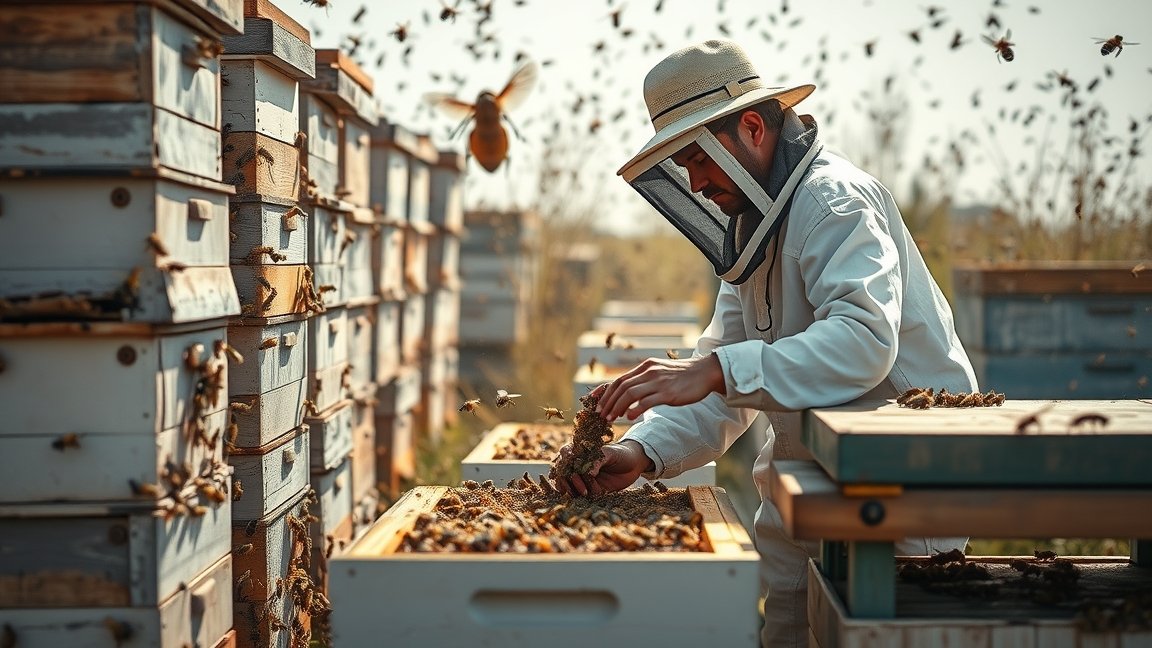 Méhész munka közben a kaptárak között, méhek zümmögésével.