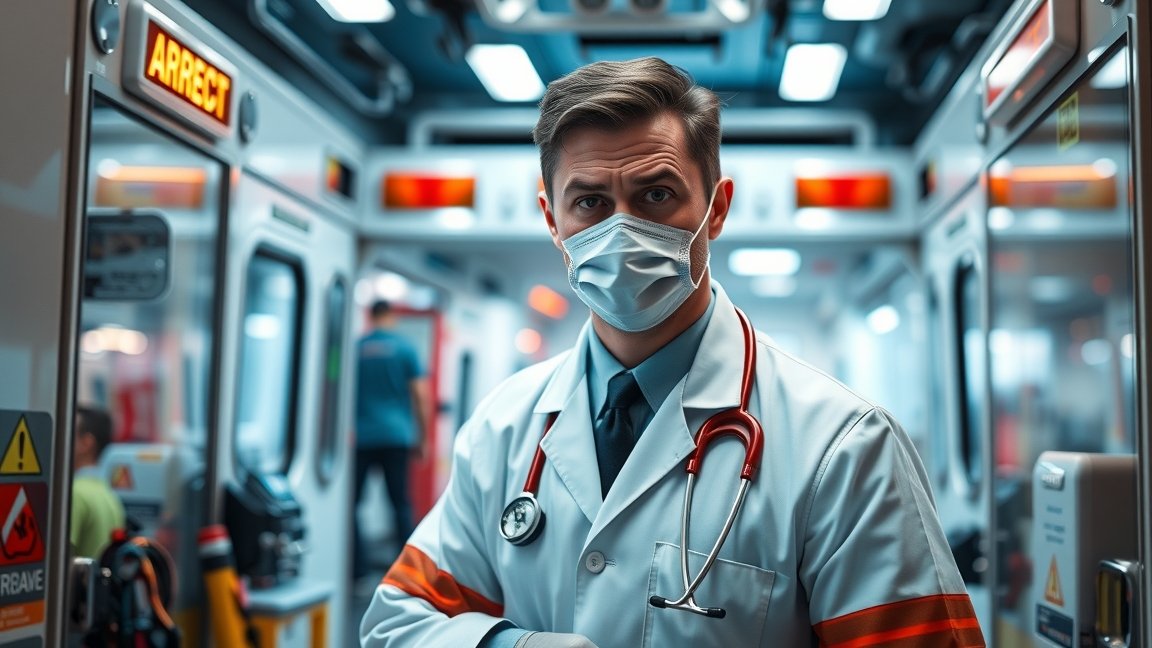 Mentőorvos egy mentőautóban, egészségügyi ellátás közben.