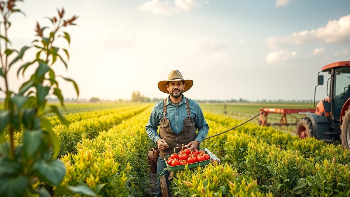 Mezőgazdász a zöldséges kertben, friss paradicsomokat szedve.