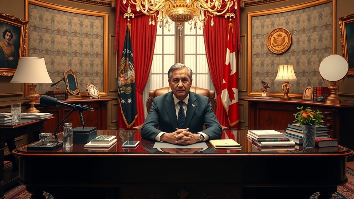 Miniszterelnök íróasztalnál ülve, politikai környezetben.