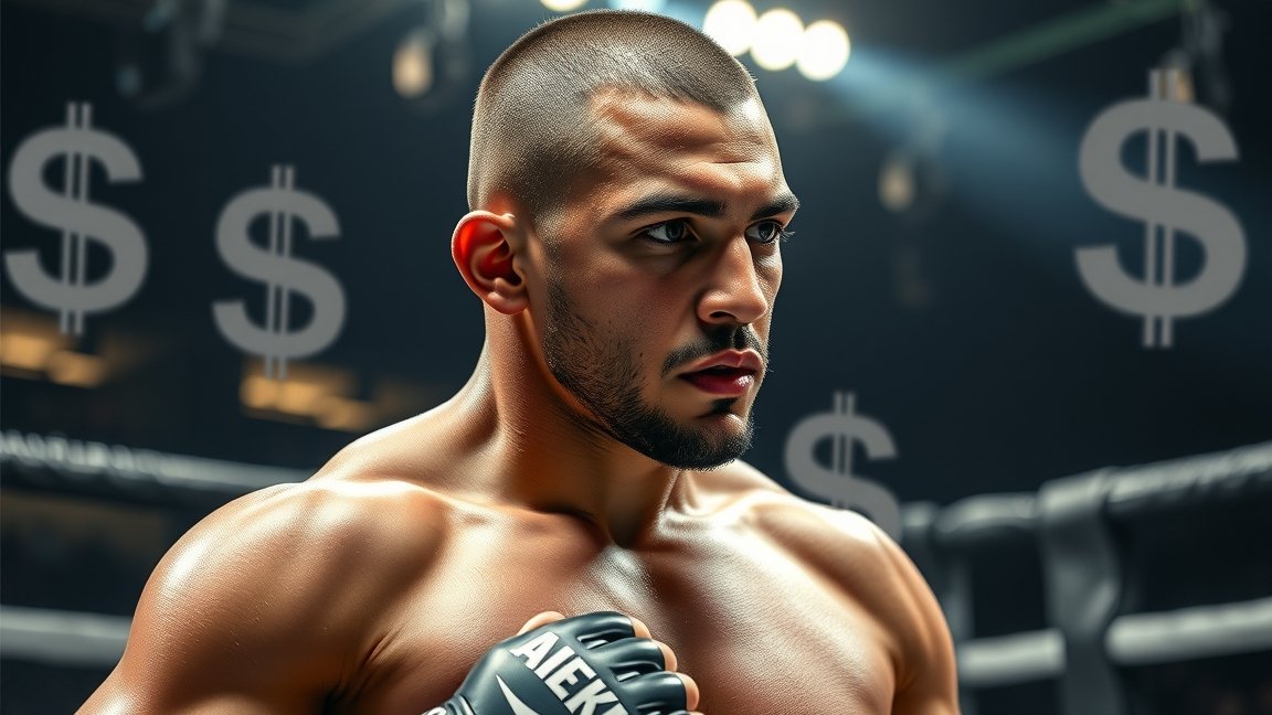 MMA harcos a ringben, pénz szimbólumokkal a háttérben