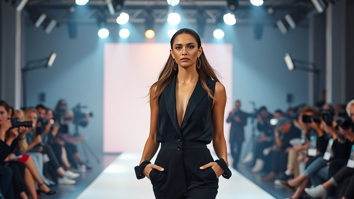 Modell a divatbemutatón, fekete öltönyben, fényes háttér előtt.