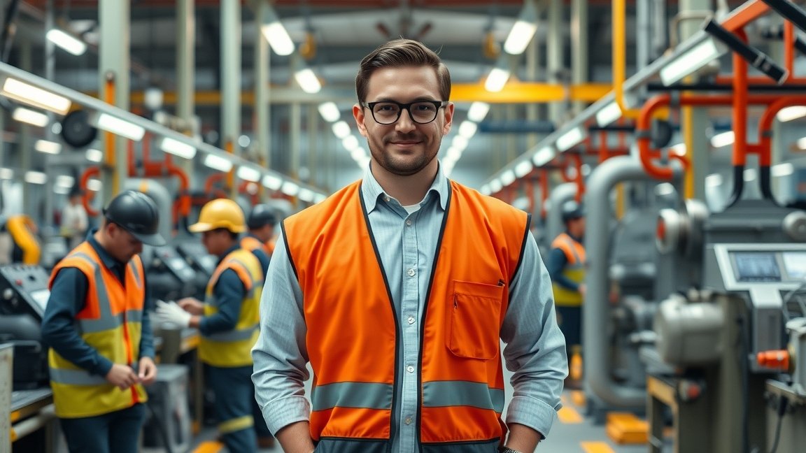 Műszakvezető egy gyártóüzemben, orange fényvisszaverő mellényben