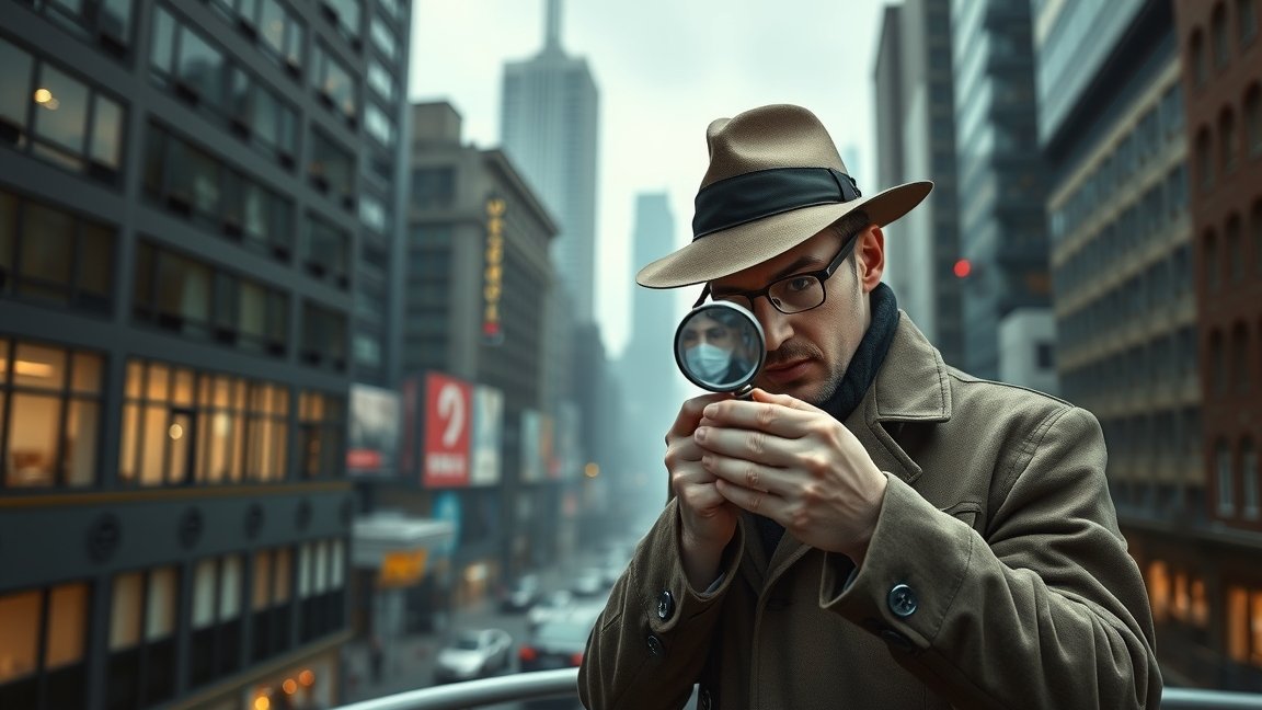 Nyomozó a városi utcán nagyítóval nyomoz