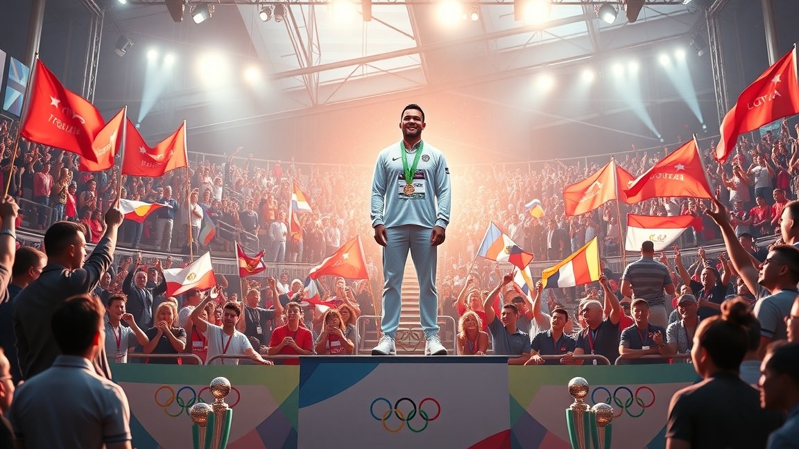 Olimpiai bajnok sportoló a dobogón, ünneplő tömeg előtt.