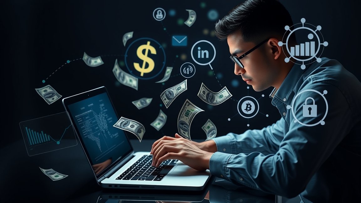 Online networker munka közben, pénz és digitális eszközök körülötte.