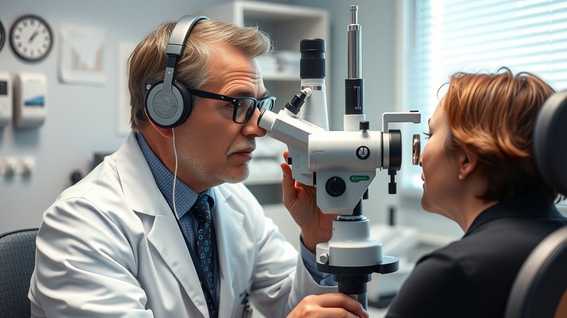 Optometrista vizsgálat közben, egészségügyi rendelőben.