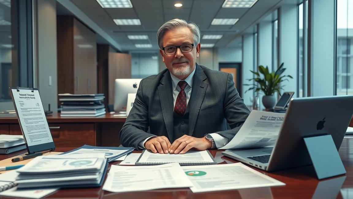 Polgármester az irodájában, dokumentumokkal és laptop mellett ülve.