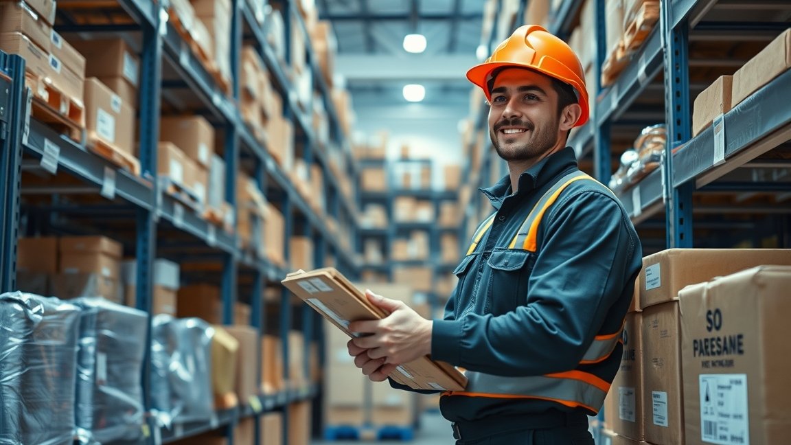 Raktáros egy raktárban, munkához készülve