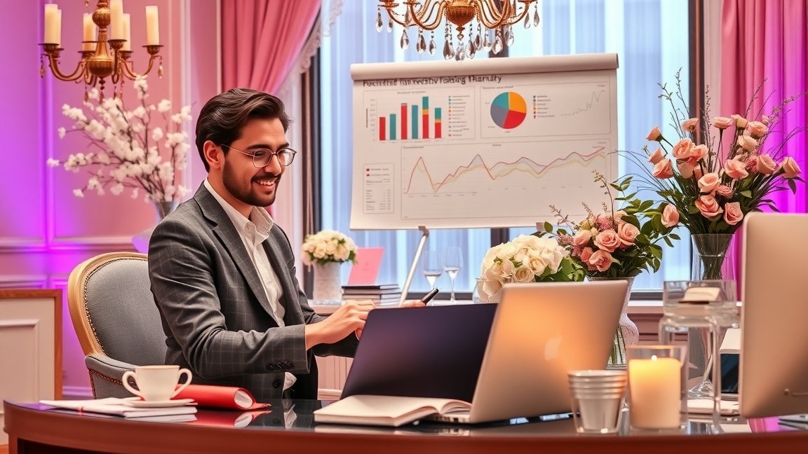 Rendezvényszervező dolgozik az irodájában, grafikonok előtt.