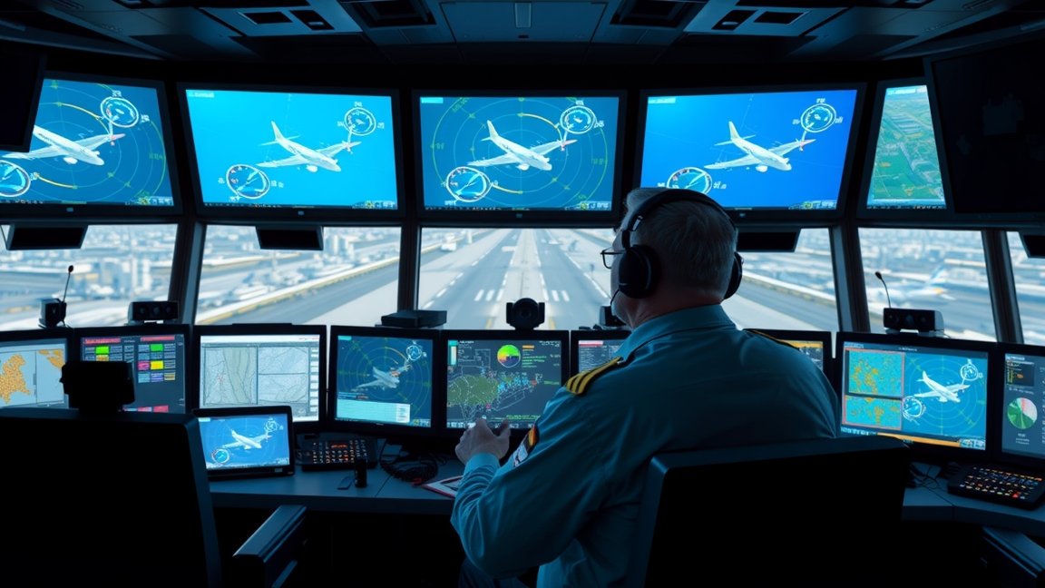 Repüléstájékoztató ellenőrzi a légi forgalmat a toronyban