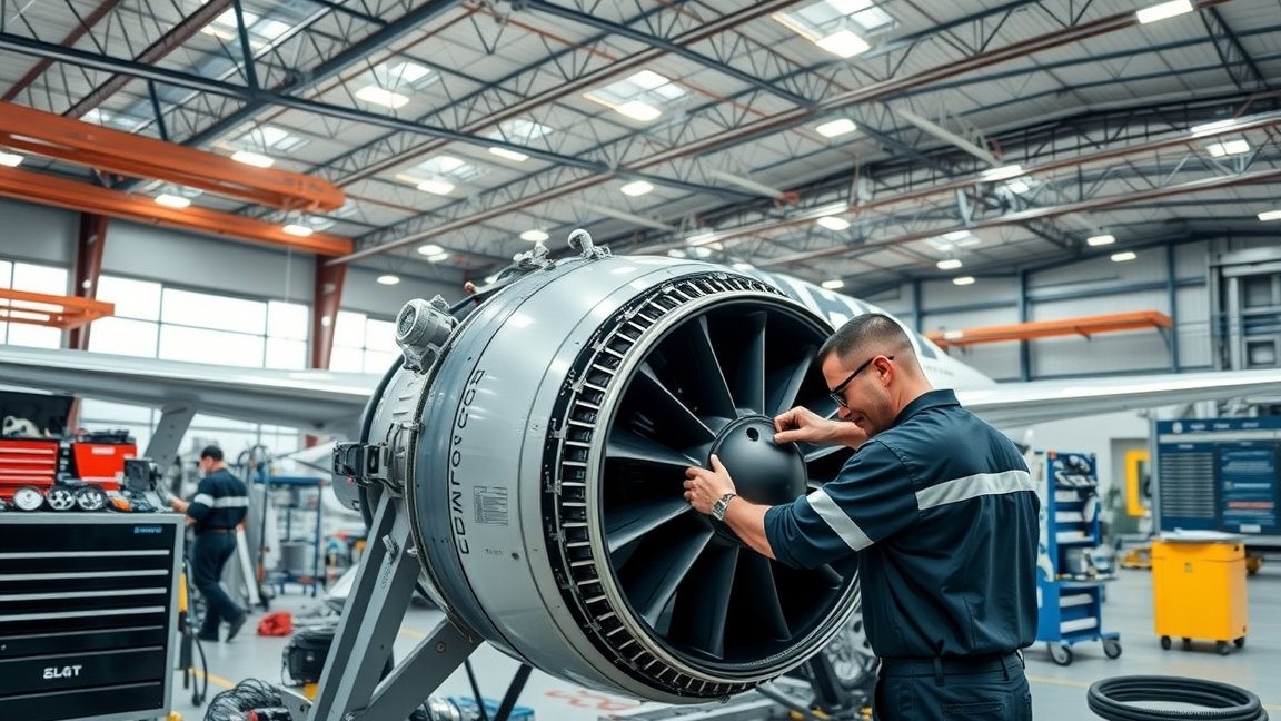 Repülőgép-szerelő munkája a motor karbantartása közben.