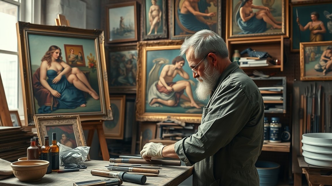 Restaurátor munkája kézműves műhelyben, festményekkel körülvéve.