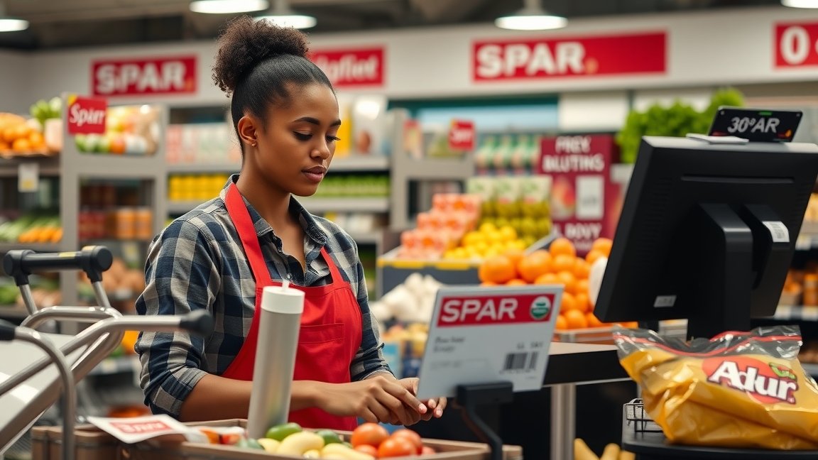 Spar pénztáros munkahelyi környezetben, pénztárnál
