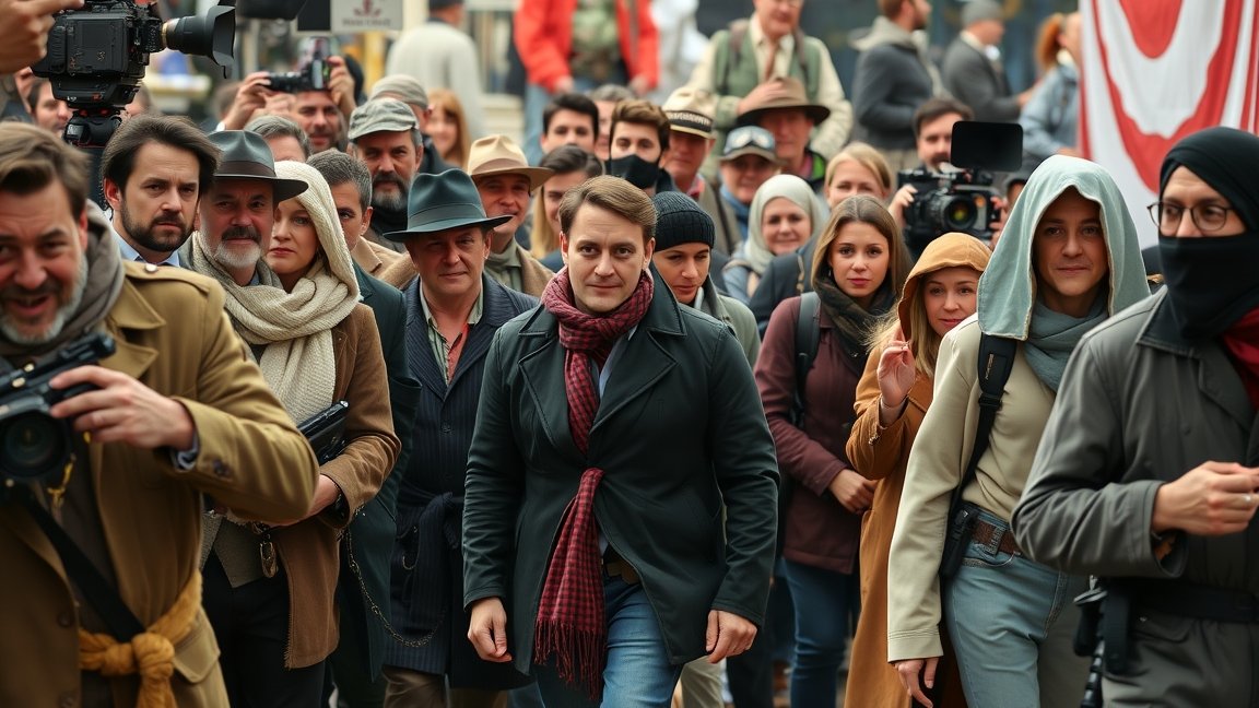 Statisták forgatáson, filmipar jelenete Magyarországon.