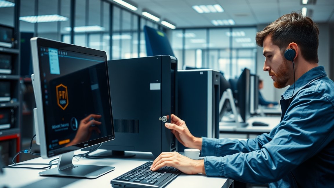 Számítógép-szerelő munka közben, monitor előtti helyzetben.