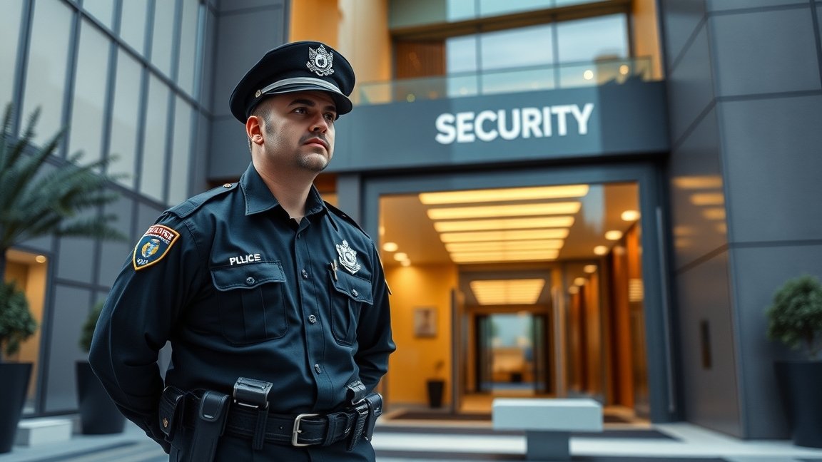 Személy- és vagyonőr egy modern biztonsági bejáratnál