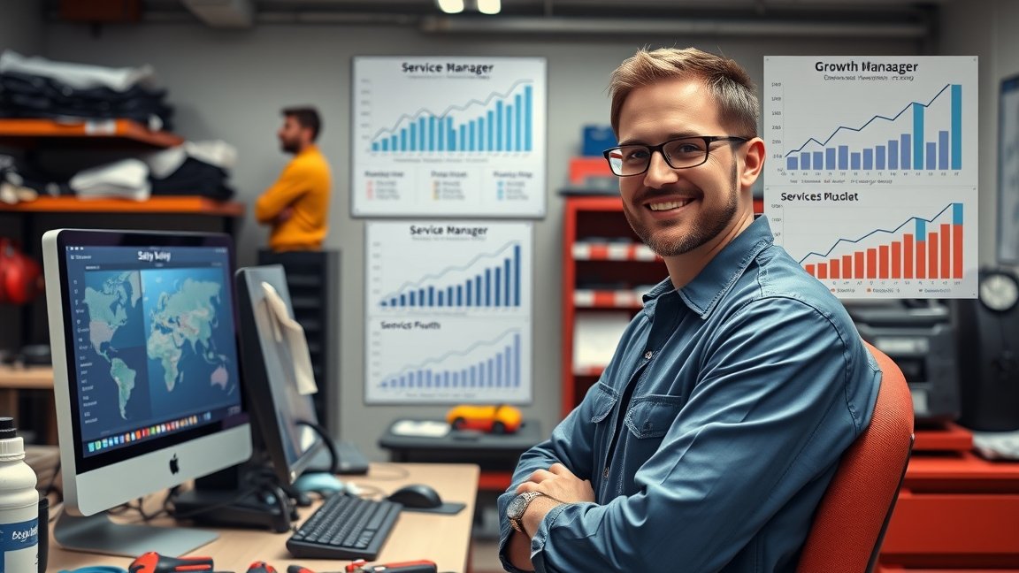 Szervizvezető munkahelye, ahol különböző grafikonok láthatók.