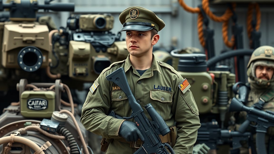 Szerződéses katona fegyverrel és katonai felszereléssel.