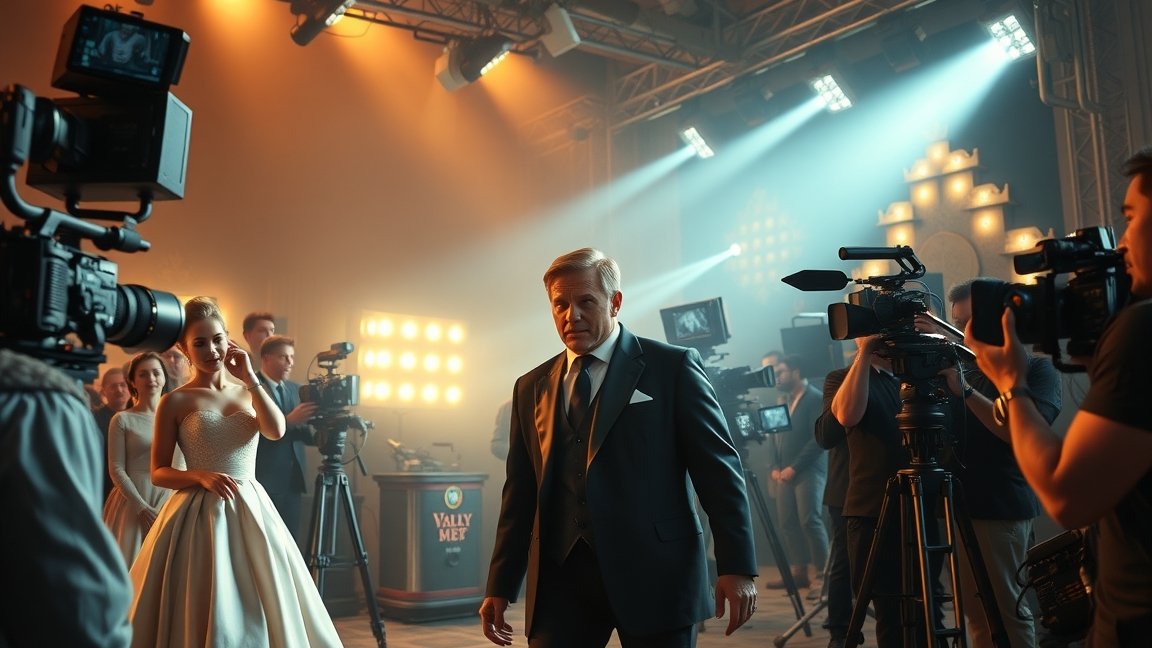 A színész a forgatáson, kamerák és stáb körében.