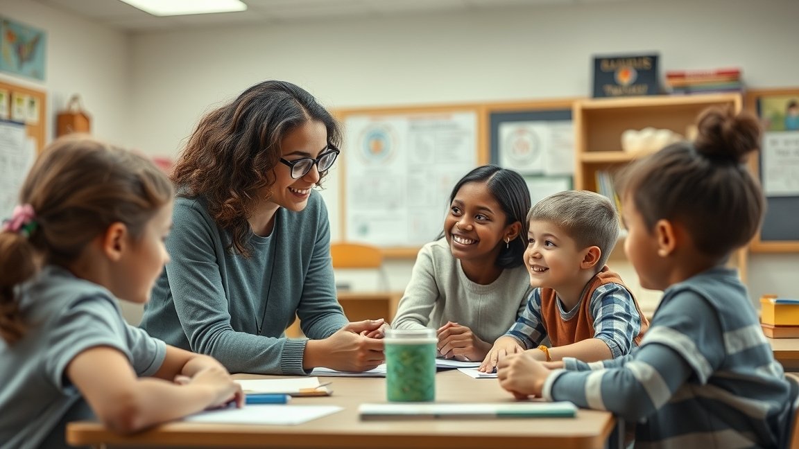 Szociálpedagógus tanít gyermekeket egy iskolai környezetben.