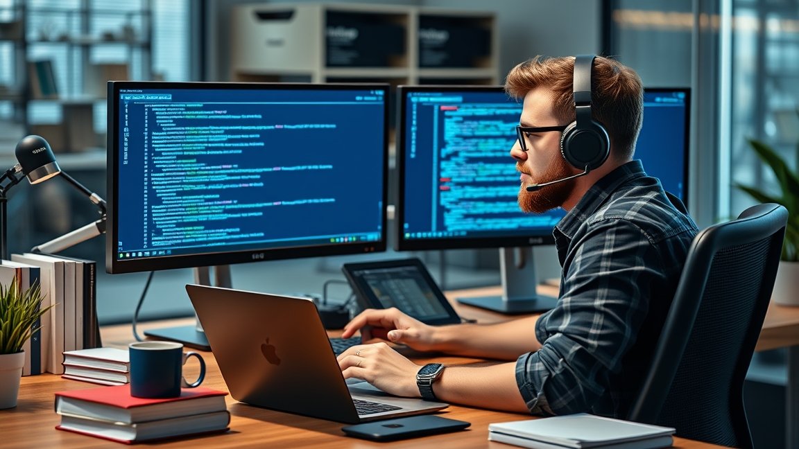 Szoftverfejlesztő munka közben, kódolás laptopon és monitoron