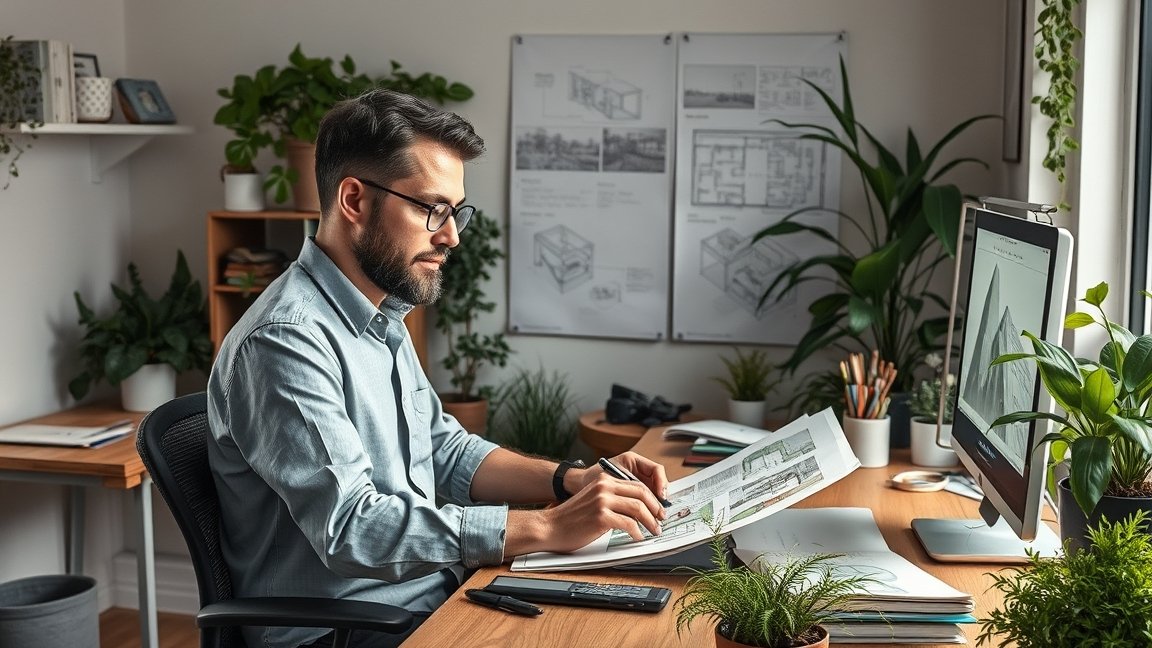 Egy tájépítész munkája a tervezőasztalnál, terveket vizsgálva.