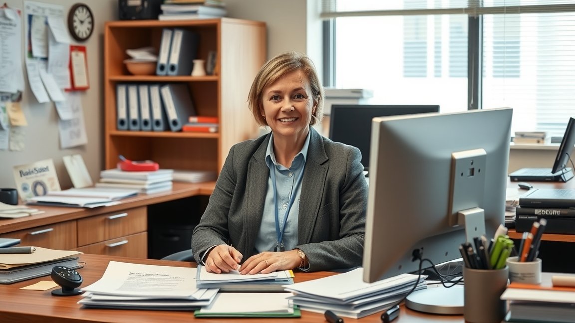 TB-ügyintéző munkakörnyezetében ülő nő mosolyogva, íróasztalon dokumentumokkal.