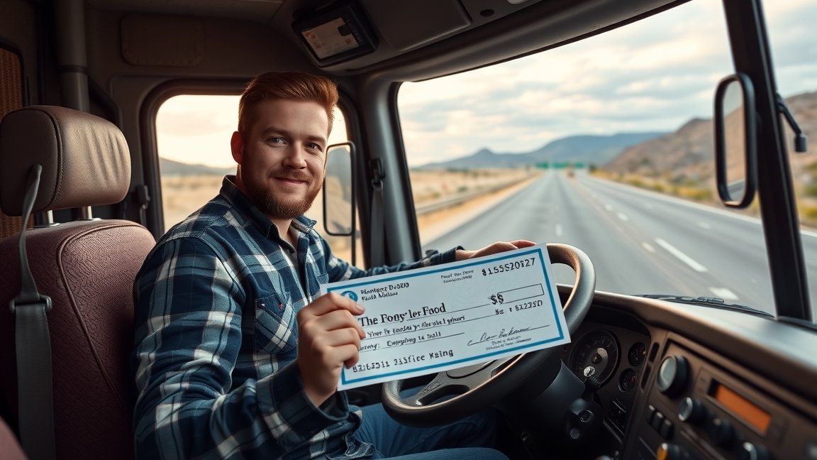 Teherautó-sofőr, aki egy csekket tart a kezében a vezetőfülkében.