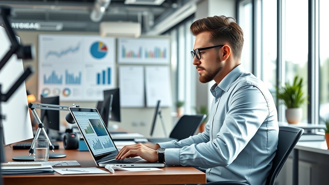 Termékmenedzser dolgozik egy modern irodában, laptopon adatokat elemezve.