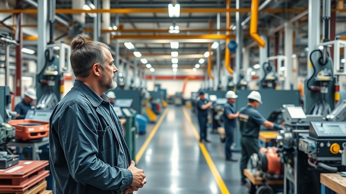 Termelésvezető az ipari üzem közepén, figyelemmel kíséri a munkát.