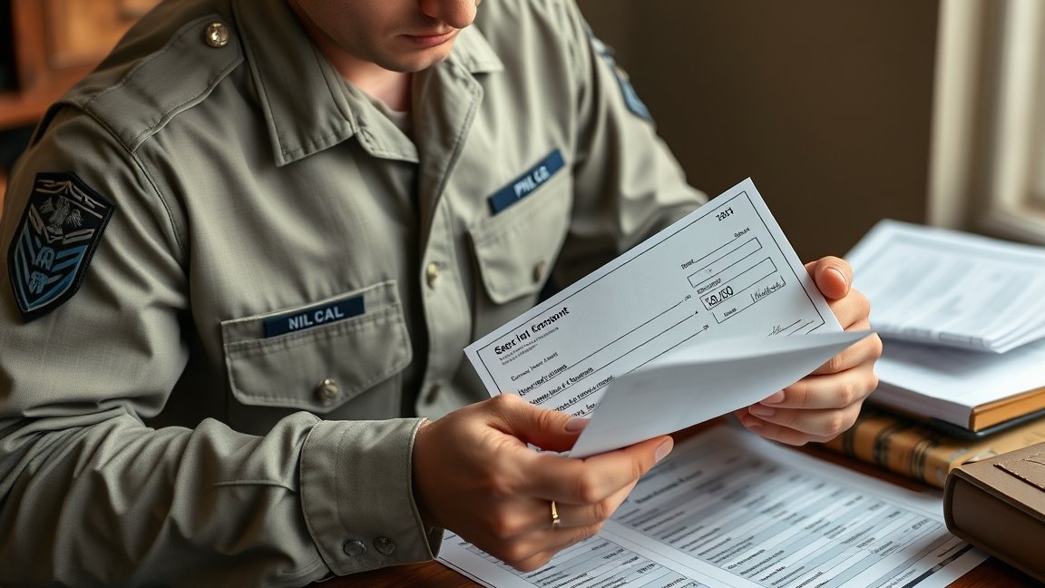 Tiszt a jövedelmét vizsgálja, dokumentumokat nézeget