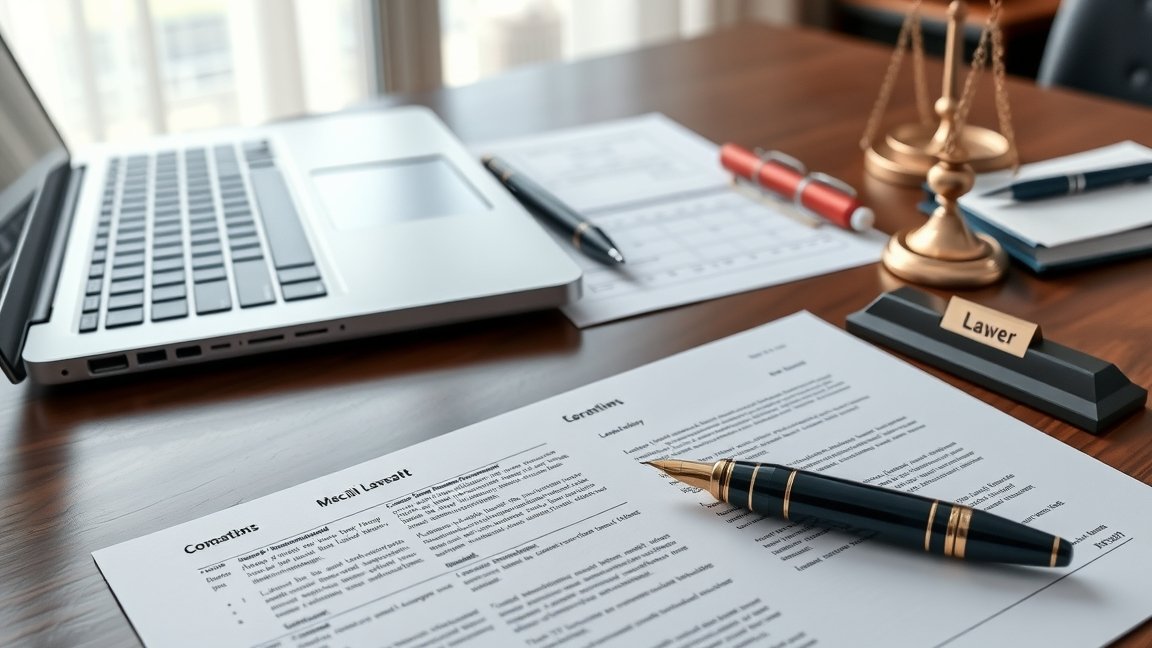 Ügyvéd munkahelyi asztala jogi dokumentumokkal és laptop