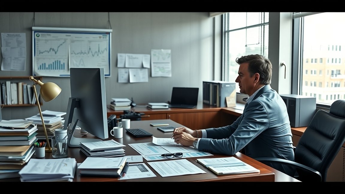 Ügyvezető egy irodában, számítógéppel és papírokkal körülvéve.