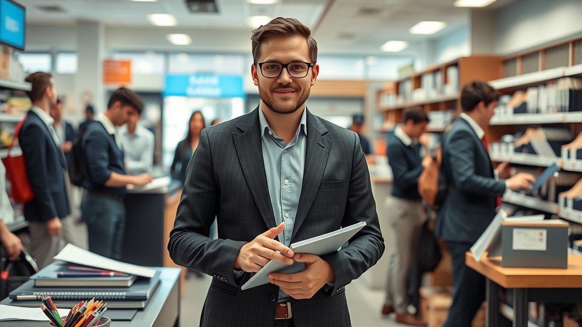 Üzletvezető egy boltban, munkahelyi környezetben.