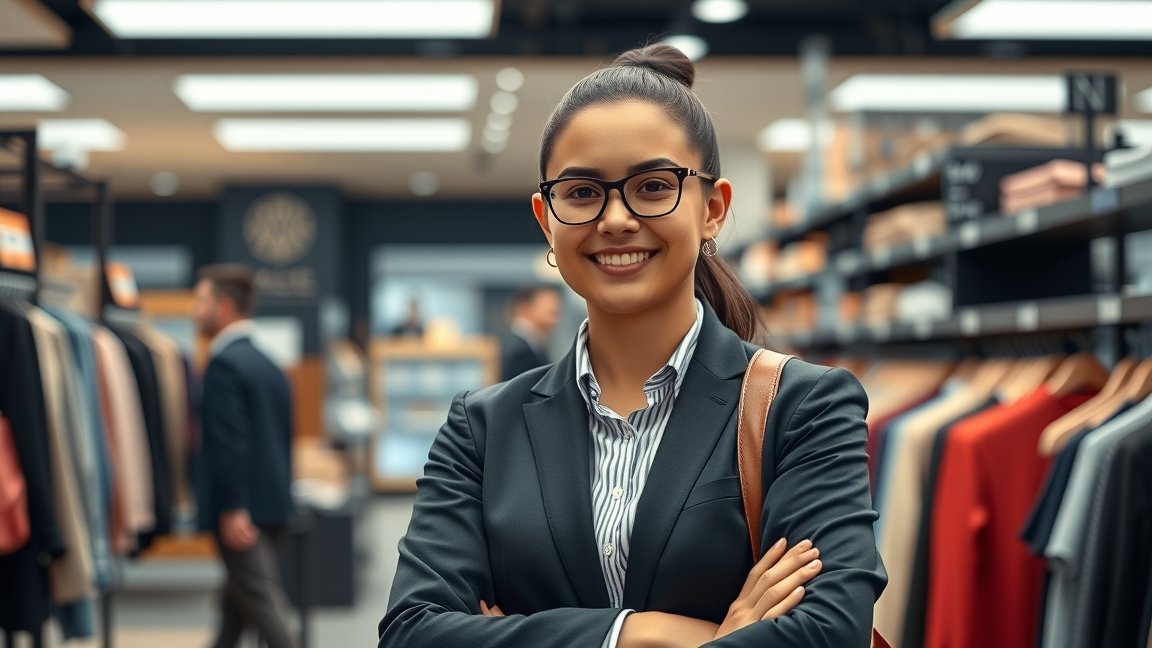 Üzletvezető-helyettes egy modern boltban, mosolygós arccal.