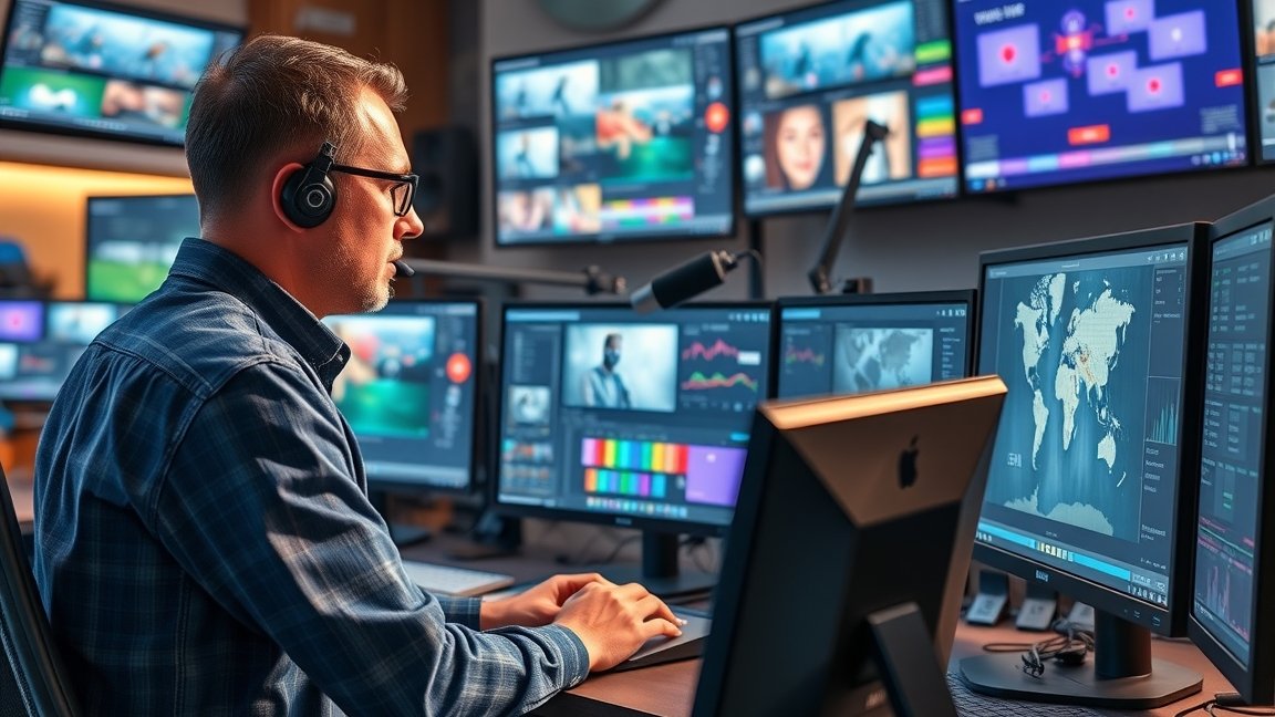 Vágó munkahelyszínen, több monitor előtt, videószerkesztés közben.