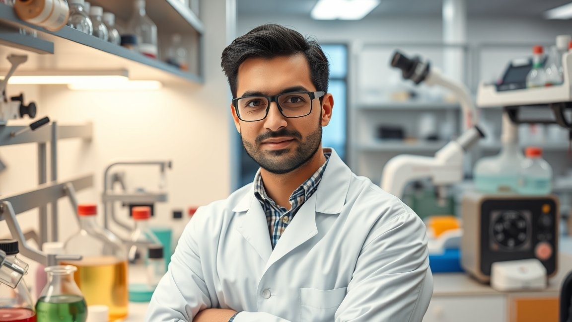 Vegyész laboratóriumban, kémiai kísérletek között.