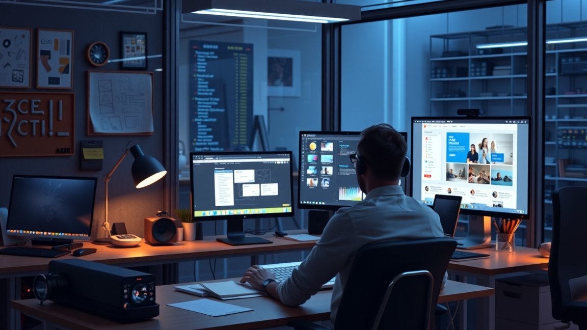 Webdesigner dolgozik számítógép előtt modern irodában