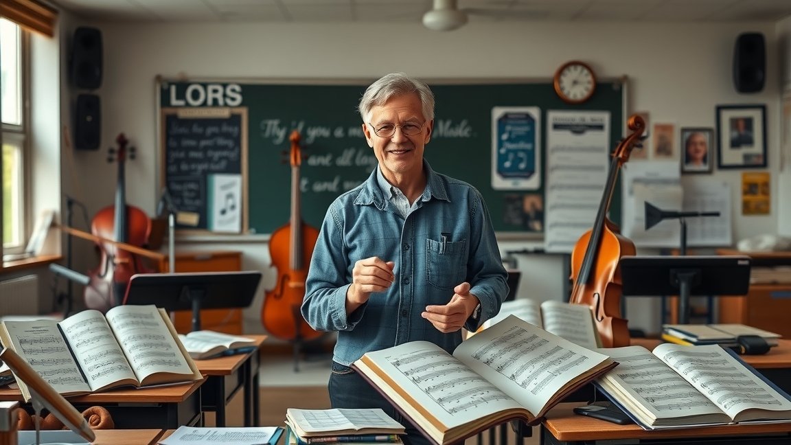Zenetanár egy tanteremben, zenei kotta előtt