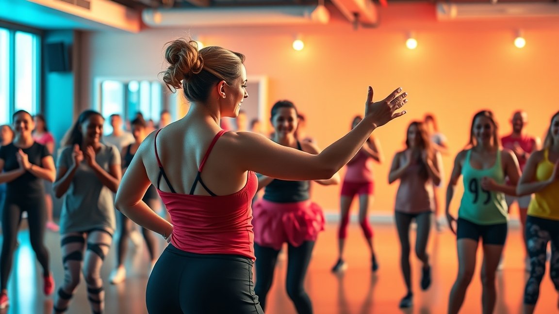 Zumbaoktató órája, boldog résztvevőkkel a teremben.