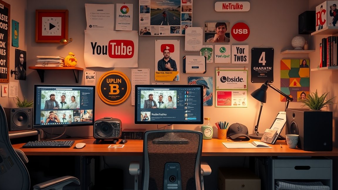 YouTube stúdió munkahely, két monitorral és különböző díjakkal a falon.