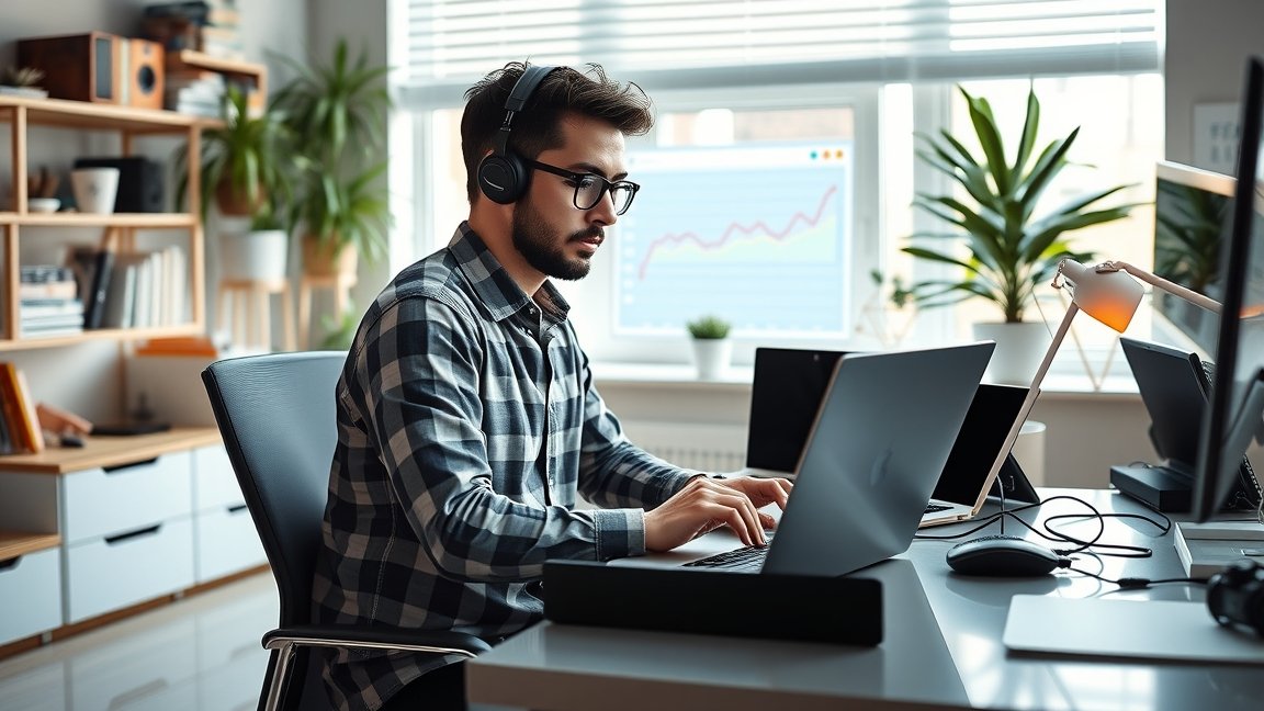 Blogger dolgozik otthoni irodában, laptop előtt.