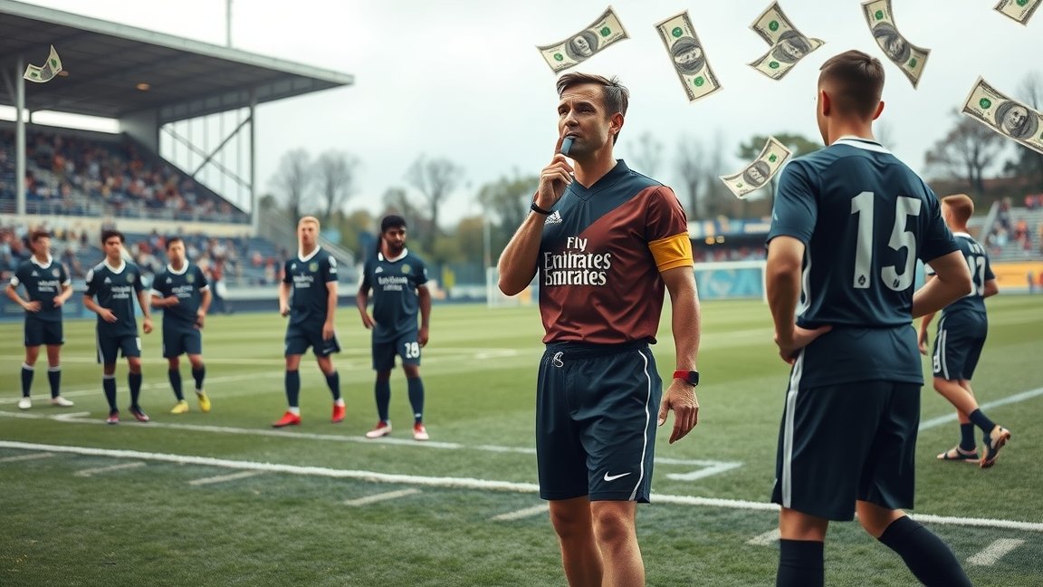 Játékvezető a pályán pénzcsomagokkal