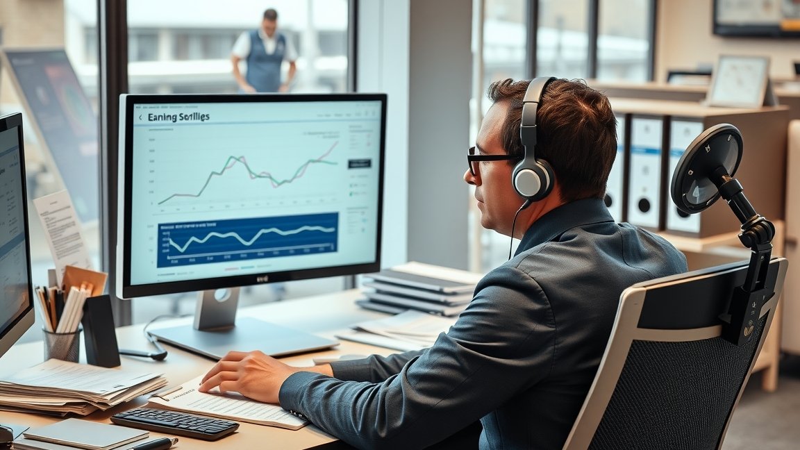 Férfi köztisztviselő dolgozik az irodában számítógép előtt.