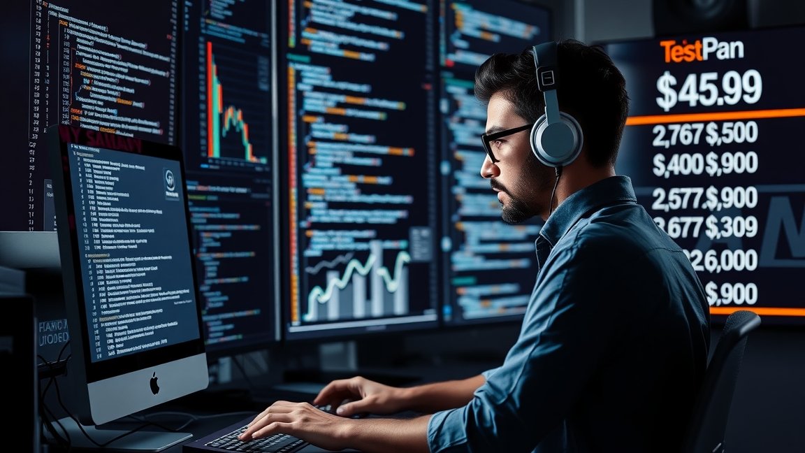 Programozó munkavégzés közben, számítógépekkel és kódokkal