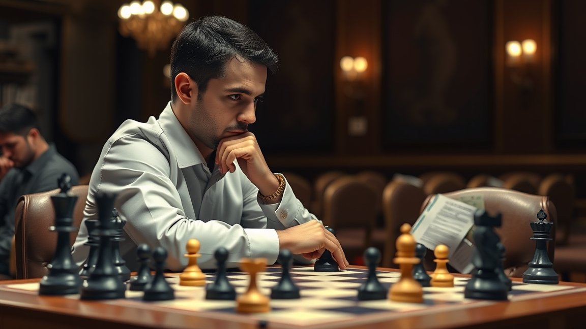 Sakkozó gondolkodik egy versenyasztalnál, sakkfigurák mellett.